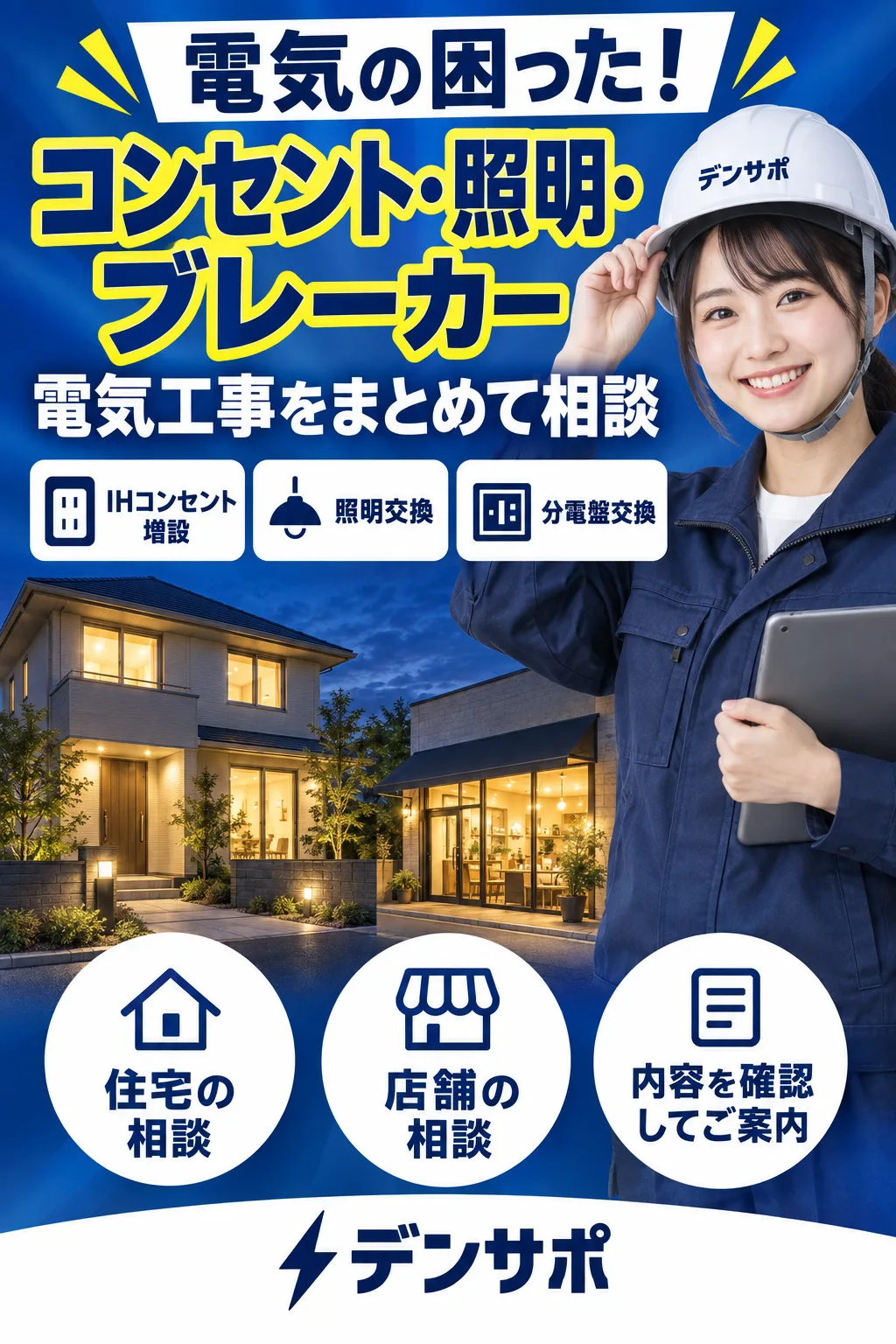 電気の困った！コンセント・照明・ブレーカー。電気工事をまとめて相談。IHコンセント増設、照明交換、分電盤交換。住宅の相談、店舗の相談、内容を確認してご案内。