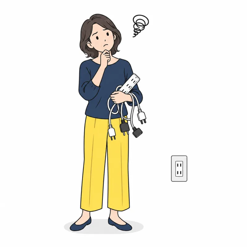 延長コードとたくさんのプラグを手に、コンセントの前で困っている人のイラスト