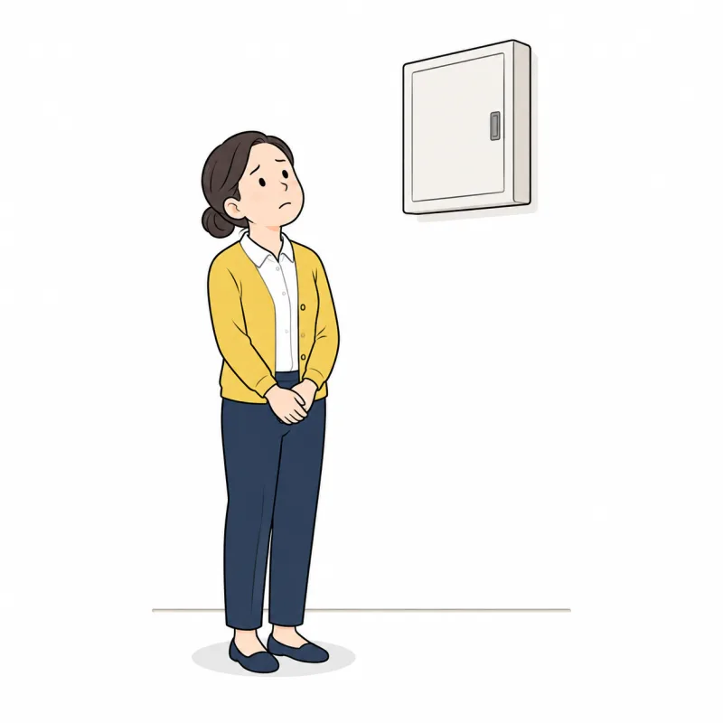 カバーの閉じた分電盤の前で不安そうにしている人のイラスト