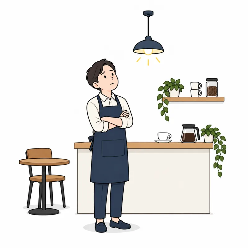 店内の照明を見回して考えているお店の店主のイラスト