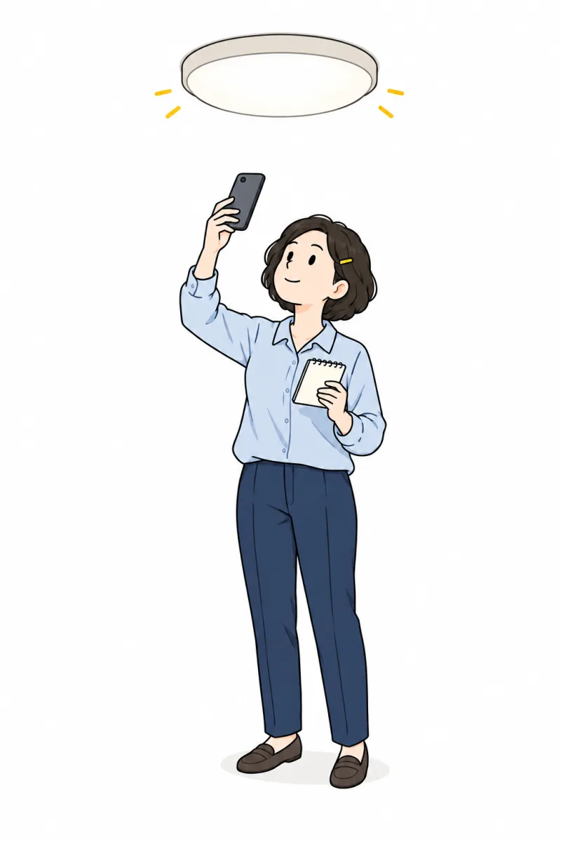 天井の照明をスマートフォンで撮りながらメモを取る住人のイラスト