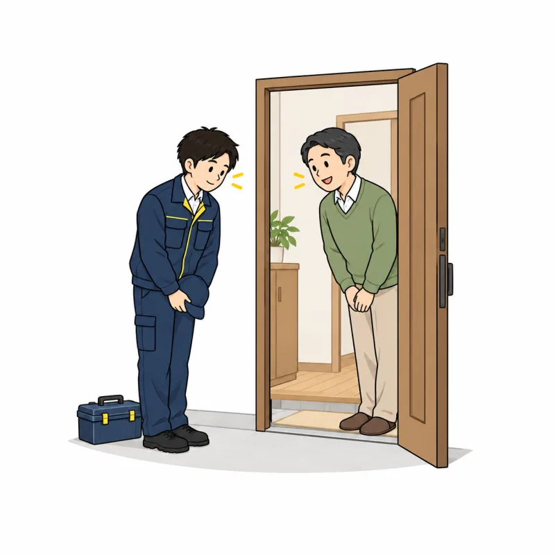 玄関先であいさつする作業スタッフのイラスト
